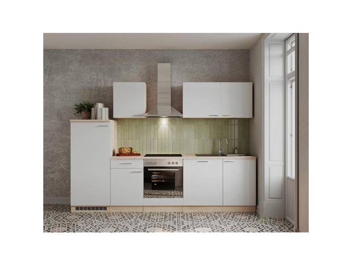 Küchenzeile Economy m. Geräten 280 cm Weiß/Eiche Dekor modern