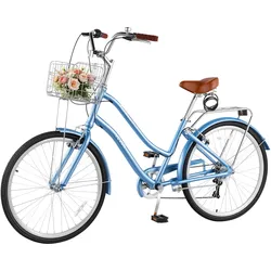VEVOR Damenfahrrad 26 Zoll Cruiser-Fahrrad 150 kg 7-Gang Citybike Hellblau, für Pendelfahrten Besorgungen und Strandfahrten, mit Korb, Gepäckträger bis 50 kg, Doppel-V-Bremsen und Praktischem Zubehör