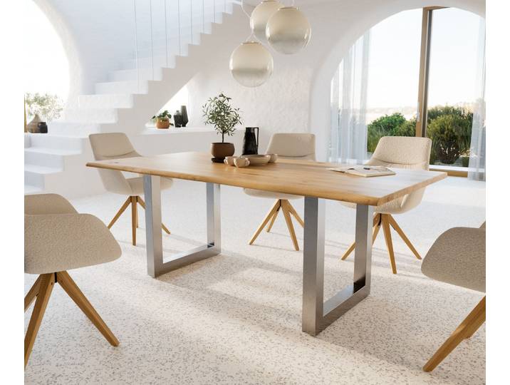 Esstisch Edge 200x100x2,5-3 Eiche Natur Edelstahl breit Live-Edge, Esstische, Baumkantenmöbel, Massivholzmöbel, Massivholz