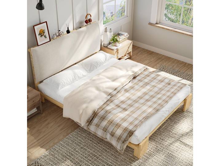STILVORA Polsterbett 140x200cm Gepolsterte Rückenlehne mit Klettverschluss für Komfort, Einzelbett stabile Lattenroste & breitere Bettbeine, Kinderbett vielseitig einsetzbar Natur