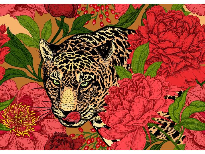 Fototapete PAPERMOON ABSTRAKT DESIGN-LEOPARD mit Blumen , bunt, B:3m L:2,23m, Vlies, Tapeten, Fototapete