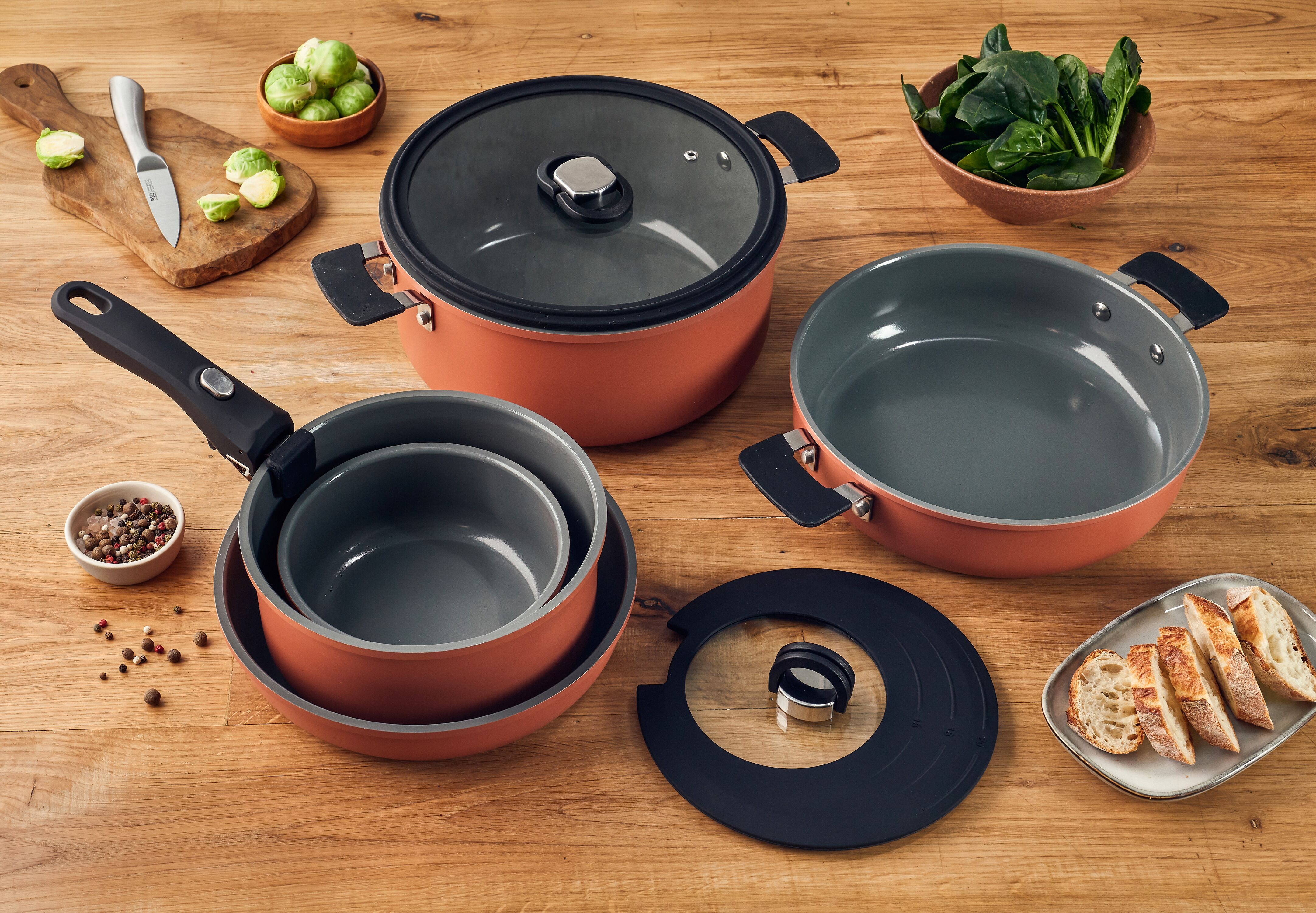 Topf-Set RESTO KITCHENWARE "SAVE & STOCK Multifunktionales Stapelbares Set im Geschenkkarton", orange (terrakotta), Töpfe, Topf-Set, Induktion, für alle Herdarten geeignet
