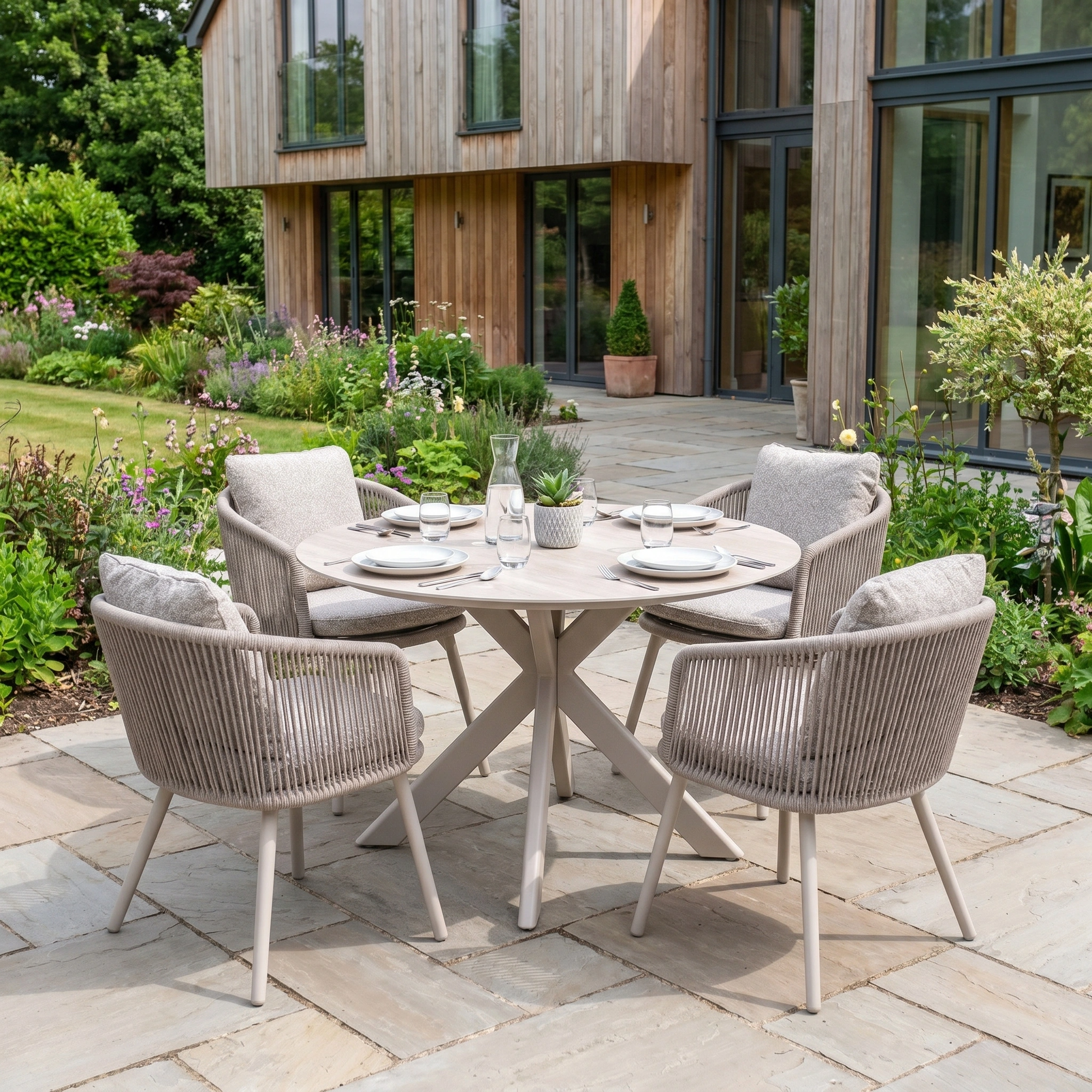 Harbour Lifestyle Theia 4 Seat Round Rope Dining Set with Albatross Table in Oatmeal