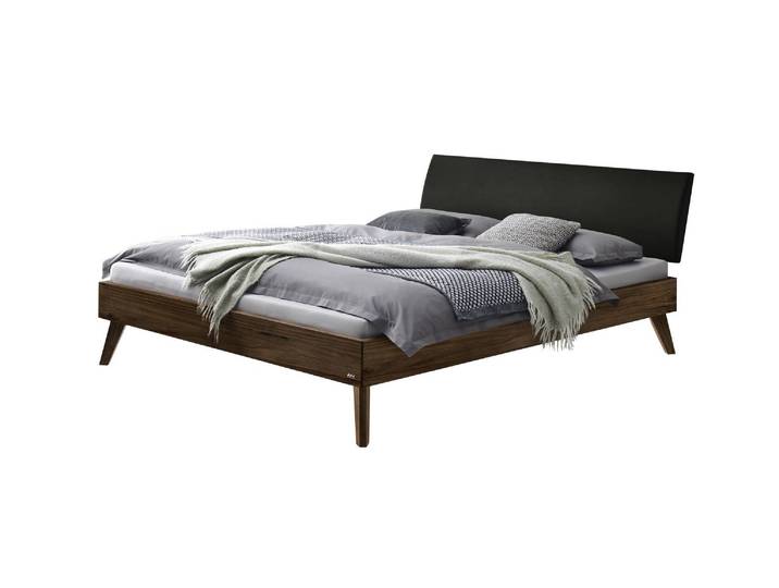 Bettgestell, Massivholz Nussbaum, Braun, 146×216 cm, Gepolstertes Kopfteil, Hasena