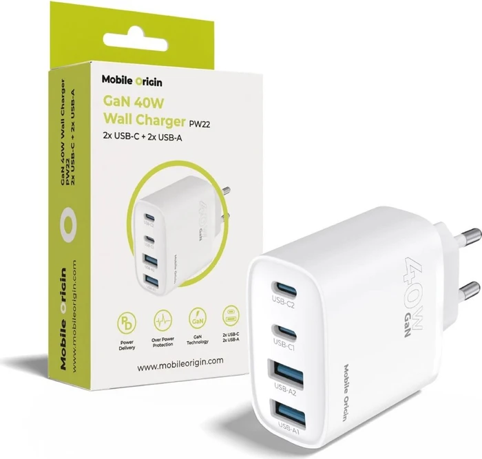 Mobile Origin 40W GaN Wall Charger PW22 2x USB-C + 2x USB-A
