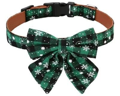 Uplift Essentials Christmas Dog Collar With Classic Plaid Bow Tie green s
