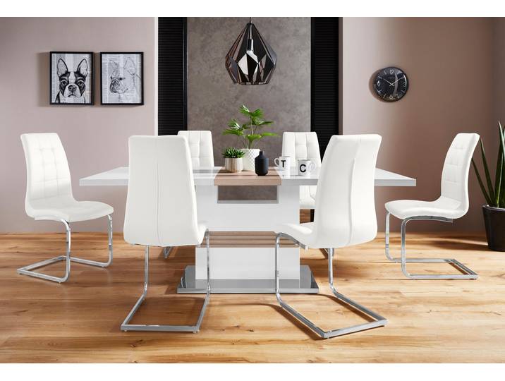 Essgruppe GOODPRODUCT Perez/Lola , weiss (weiß hochglanz, weiß), Sitzmöbel-Sets, Essgruppe, mit 4 Stühlen, Tisch ausziehbar, Breite 160-200 cm