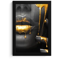 POSTER MIT RAHMEN Frau - Schwarz - Gold - Gesicht - Lippen Poster 20x30 cm