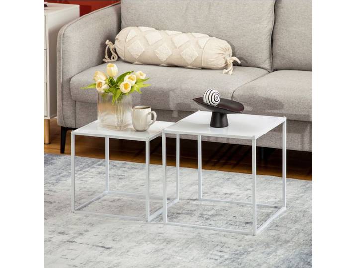 Lot de 2 tables basses carrées blanches avec structure en acier design moderne salon