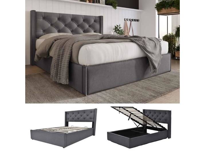 Lit Coffre - MODERNLUXE - 140x200cm - Gris - Sommier lattes - Avec rangement