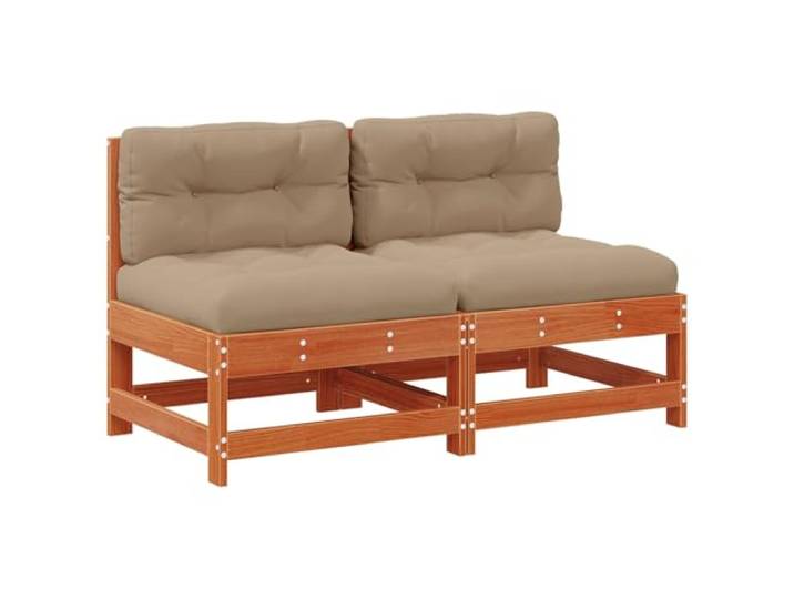 Coespram Garten Mittelsessel 2er Set Massivholz Kiefer Sofamodul Braun Modulares 2-Teile Outdoor Lounge Modul aus massivem Kiefernholz mit bequemen Taupe Kissen für Terrasse und Garten.
