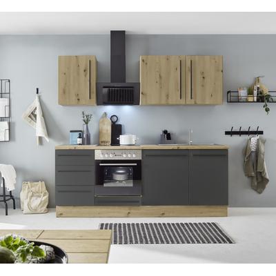 Küchenzeile KOCHSTATION "KS-Florida mit 38mm starker Arbeitsplatte", schwarz (küche: schwarz, front: schwarz, korpus: artisan eichefarben, arbeitsplatte: artisan eichefarben), B:220cm T:60cm, Komplettküchen-Sets, Küchenzeile, Breite 220 cm,...