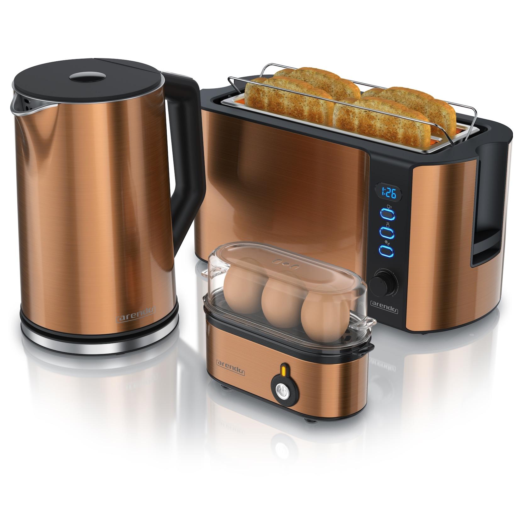 Arendo 3-teiliges Frühstücks-Set, 4 Scheiben Langschlitztoaster, Wasserkocher 1,5l, 3er Eierkocher, Kupfer
