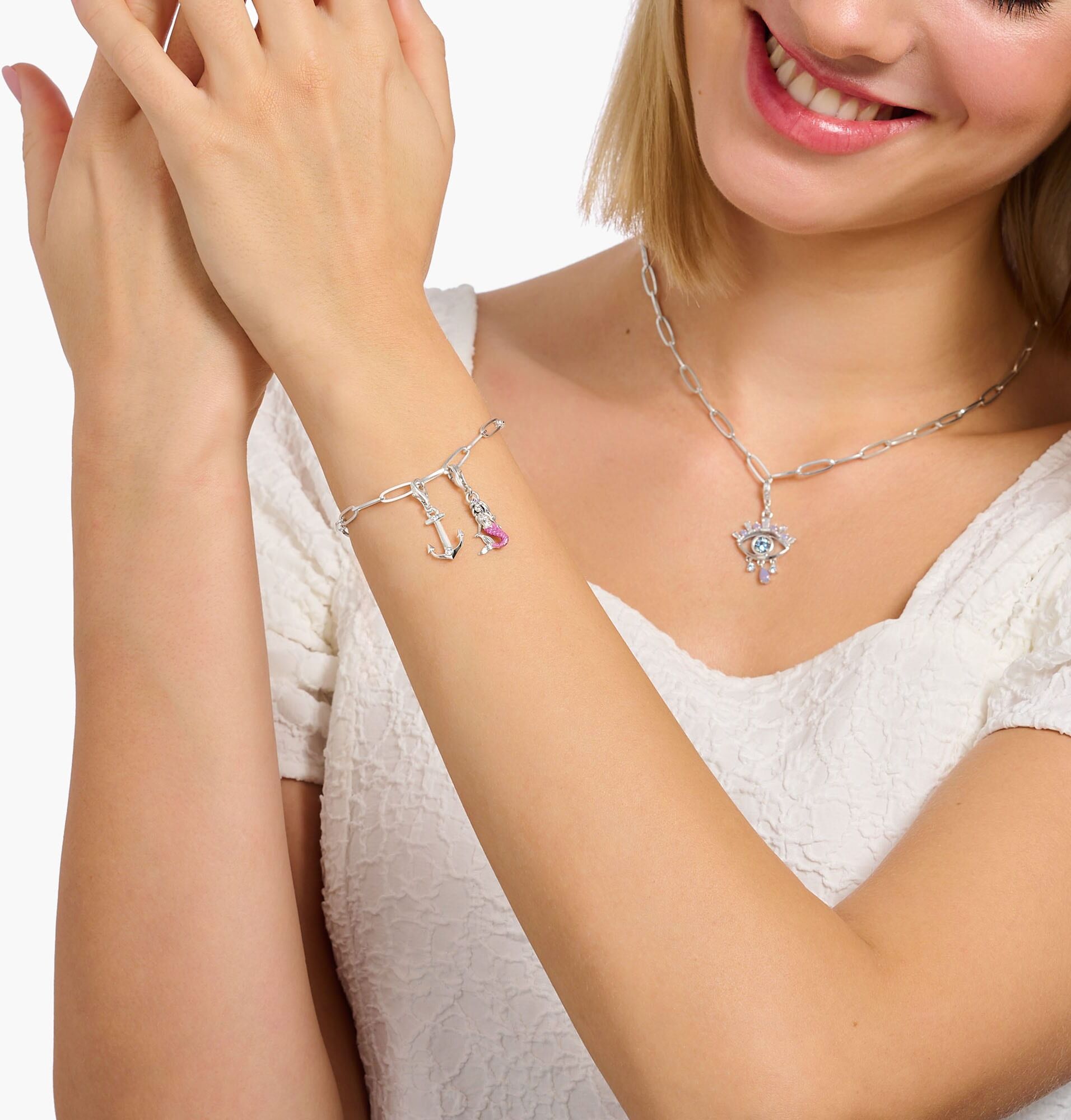 Charm Anker THOMAS SABO "Anker mit Steinen", bunt (silberfarben, weiß, weiß), Charms, Damen, Silber 925 (recycelt), Charm Anker, mit Zirkonia (synth.)