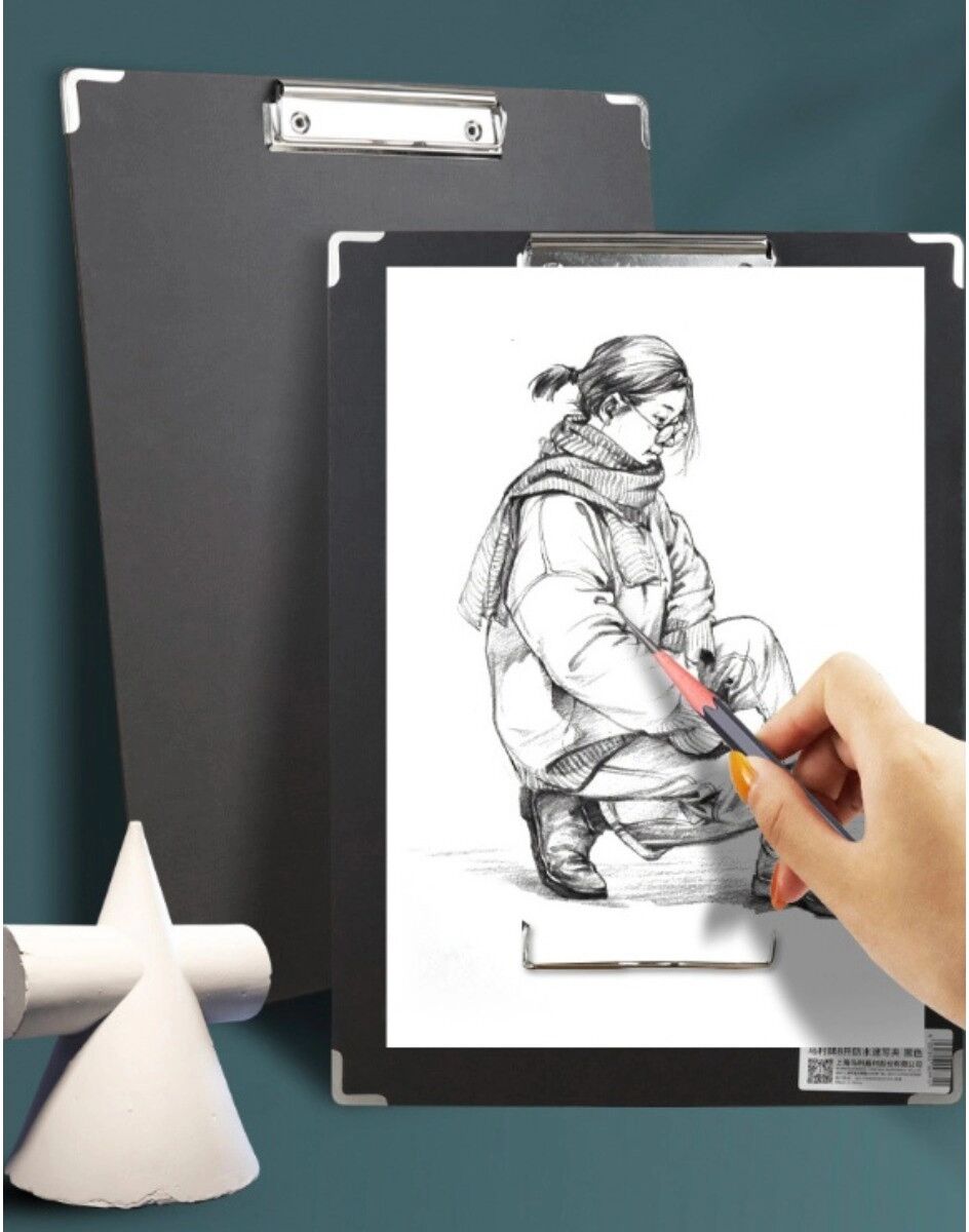 INF Planche à dessin étanche 8K - PP noir avec clip métallique puissant et chants métalliques, surface lisse pour croquis