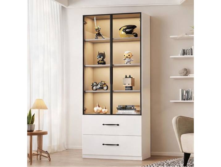 Vitrine 60x40x160 cm avec éclairage LED multicolore portes verre trempé et tiroirs blanc