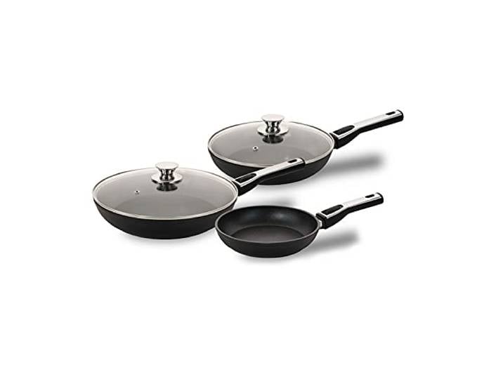 Genius Cerafit Plasma Bratpfannen Set 5tlg 20cm 24cm 28cm + Glasdeckel - ofenfeste Keramikpfannen mit kratzfester Antihaft-Beschichtung Induktions-Pfannen mit abnehmbarem Griff, Groß, Schwarz