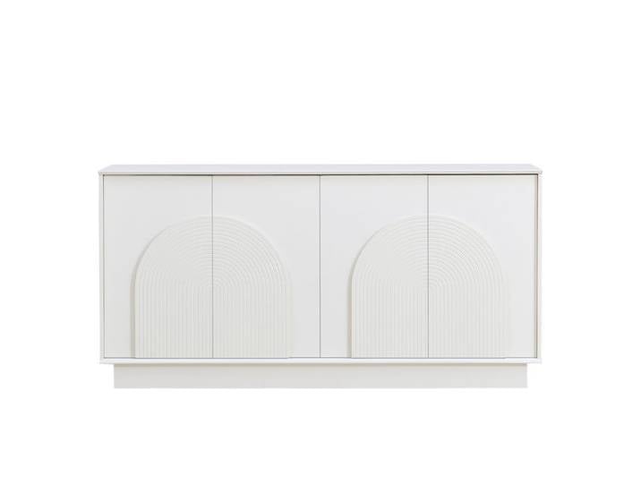 Buffet moderne blanc 4 portes à façade cintrée grand meuble de rangement en MDF mat 160 cm