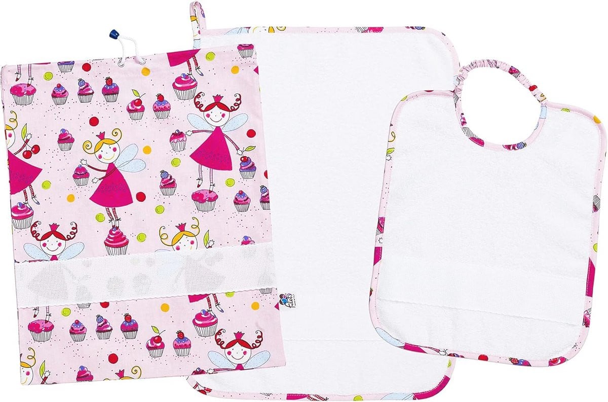 Geborduurde Kleuterschoolset met Cupcake Patroon: Slabbetje, Handdoek, Luiertas en Servethouder