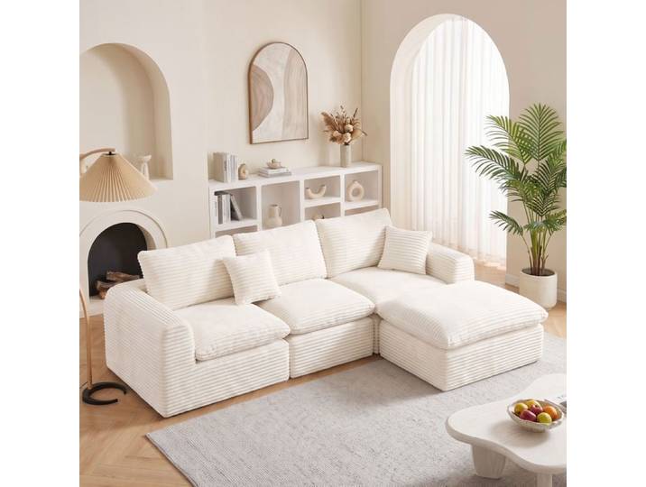 Grand Canapé Compressé 3 Pl en velours côtelé Rayé Beige - Design Modulaire avec Coussins et Assise rembourrée - Confort et Stable