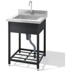 Merax Outdoor Edelstahl-Spültisch 60 × 60 cm, Freistehende Outdoor-Küche für Garten, Camping & Gastronomie, mit Wasserhahn, wetterfest, Silber/Schwarz