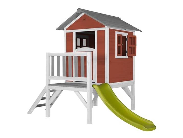 AXI Beach Lodge XL Spielhaus aus Holz in Rot mit Hellgrüner Rutsche Kleiner Spielturm, Stelzenhaus mit Veranda & Rutsche für Kinder, FSC Holz, Podesthöhe 57 cm