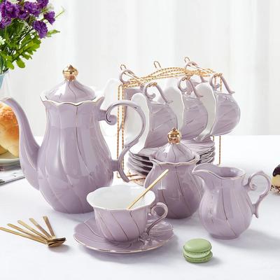 KitchenNation 22 Piece Porcelain Tea Set For 6 Luxury British Style Tea & Coffee Cups With Golden Trim lavender Purple
