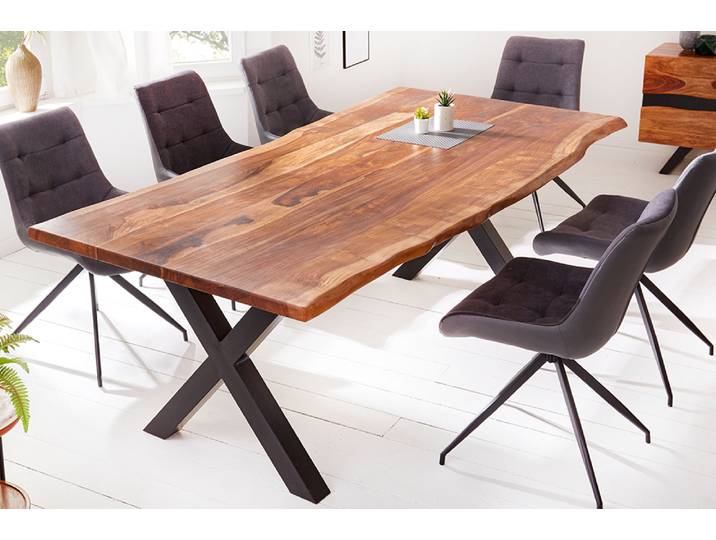 Massiver Esstisch AMAZONAS 180cm braun Sheesham schwarz Metall Baumkante X-Gestell Baumtisch rechteckig Esszimmertisch Urban