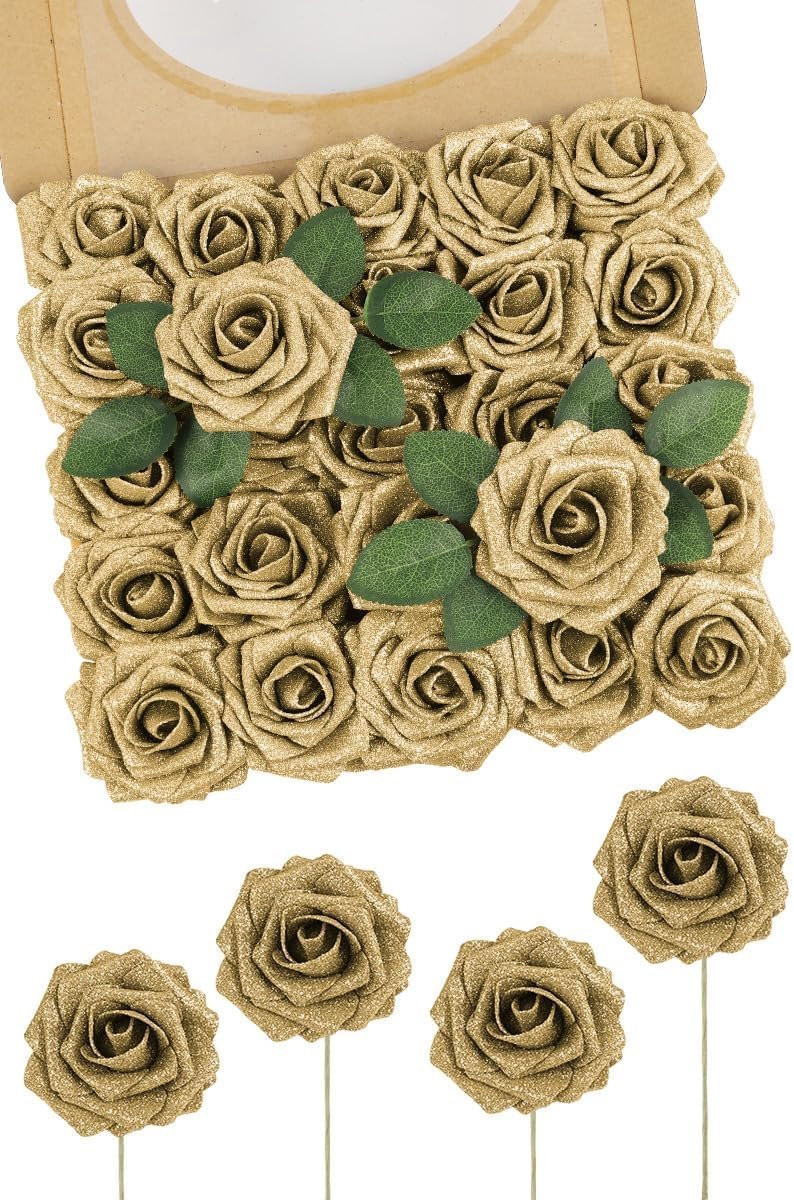 SnelShoppen Kunstrozen met Glitter - 25 Stuks Goudkleurige Kunstbloemen met Steel