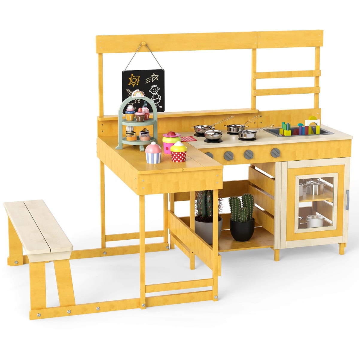 Costway Modderkeuken met Picknicktafel voor Kinderen Buitenspeelset Naturel