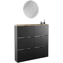 Planetmöbel STIVIO - Schuhschrank-Set mit LED-Spiegel NOVA - 2 Schränke je 60 cm - Schwarz - Je 3 Klappen - Spiegel rund Ø 60 cm