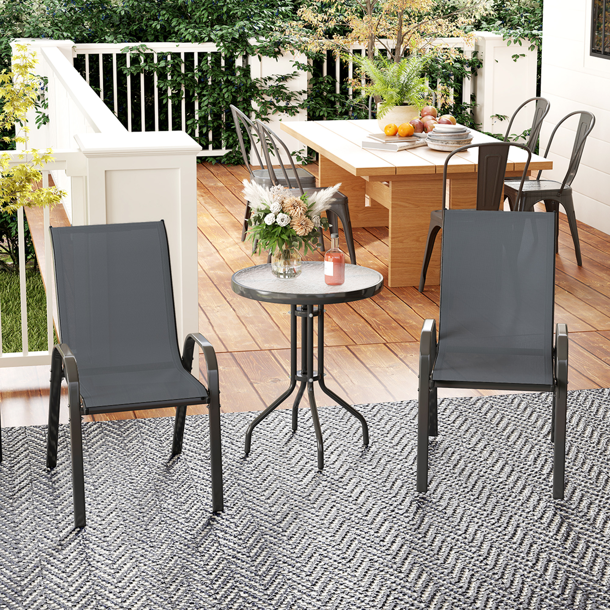 Outsunny Set da Bistro 3 Pezzi con 2 Sedie da Giardino Traspiranti Impilabili e Tavolino Rotondo, Set Tavolo e Sedie da Giardino in Acciaio e Vetro, Set da Giardino per Patio, Cortile, Grigio Scuro   Aosom Italy