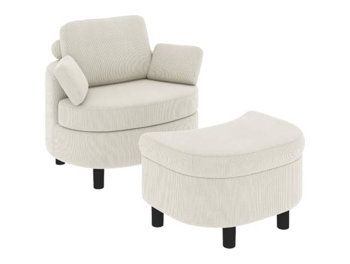 HOMCOM Sessel Loungesessel mit Aufbewahrungshocker, Kissen Cremeweiß Verstellbare Kopfstütze, Polstersessel, Breiter Sitzfläche, Bequem Relaxsessel aus Cord-Optik, Wohnzimmer, Schlafzimmer