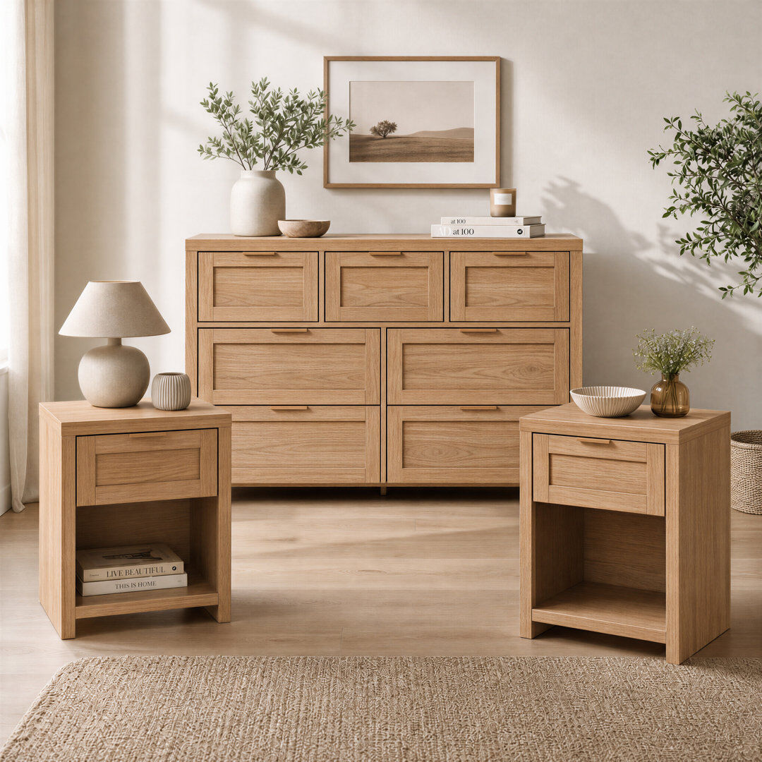 17 Stories 3 Pieces Bedroom Set with Dresser & Nightstands Natural Oak