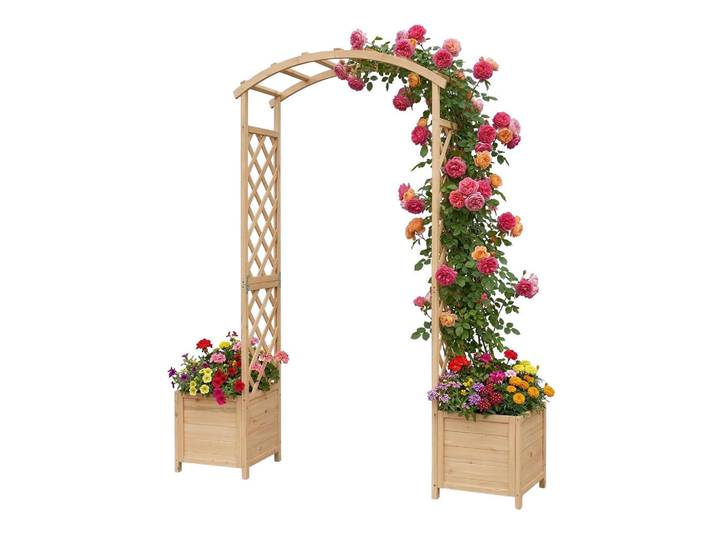 Relaxdays Rosenbogen Natur Tannenholz mit 2 Pflanzkübeln, Beige, Holz, 180x206x40 cm, Dekoration, Gartendeko