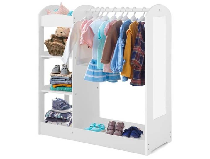 DREAMADE Meuble Rangement Ouverte pour Enfant avec 4 Étagères et Porte-Vêtements en Bois Armoire avec Miroir 93 5x38x100CM