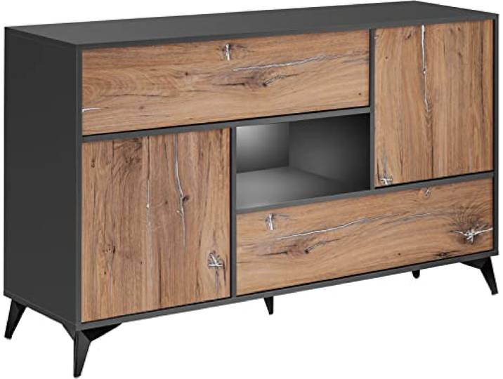 Kommode Orvieto 4D A1 Eiche/Anthrazit 89x149,5x40 cm Kommode Buffet Orvieto 4D, Eiche/Anthrazit, Breite 89cm x Höhe 149,5cm x Tiefe 40cm, LED, für Wohnzimmer