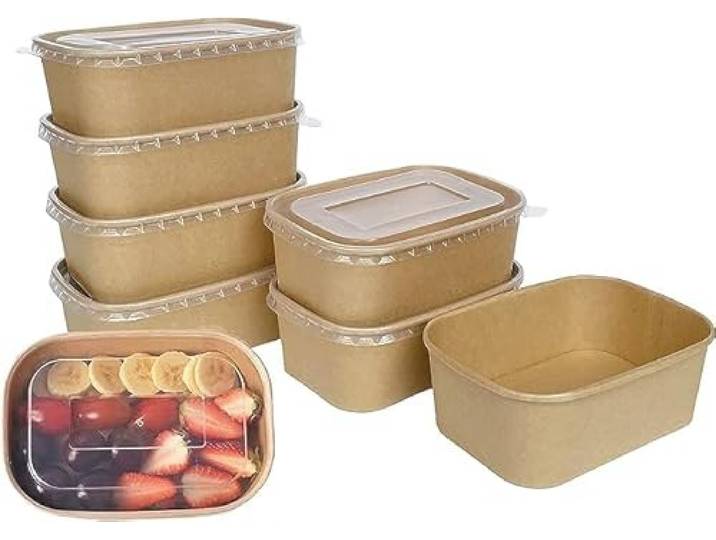 DeinPack 500 Salatschale to go mit Deckel braun eckig 375 ml 12,5x10,5x5cm I Recycelbare Feinkostbecher Schalen Kraftkarton Verpackung mit Innenbeschichtung I Deckel aus recyceltem PET