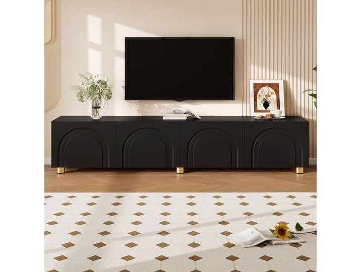 Meuble TV - ZEVKOR - N621P410650S - 4 portes à relief en arc - Pieds métal - 180x35x40 cm