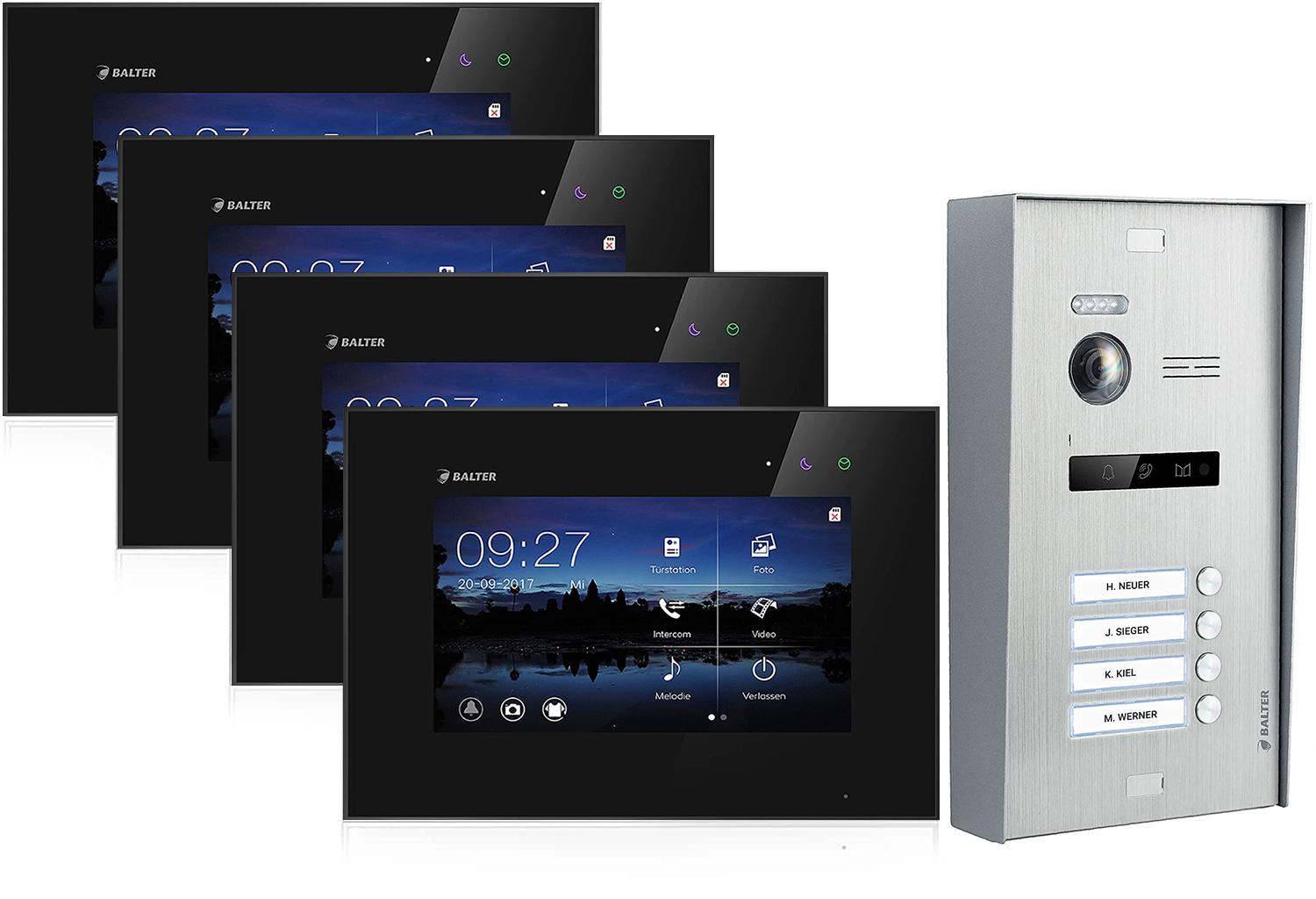 Aufputz Videosprechanlage BALTER EVO 2-Draht BUS für 4-Familienhaus mit 4x7" Monitoren Schwarz Silber