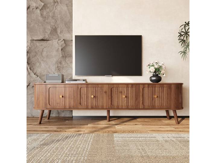 Meuble TV moderne de salon Meuble TV en bois 180x38x47 cm Meuble TV rétro avec 4 portes Poignées dorées Panneaux de particules
