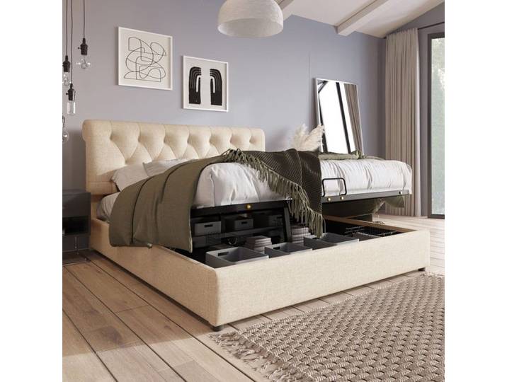 Lit hydraulique rembourré - N616P248006N - 140x200 cm - Tête ajustable - Coffre de rangement hydraulique