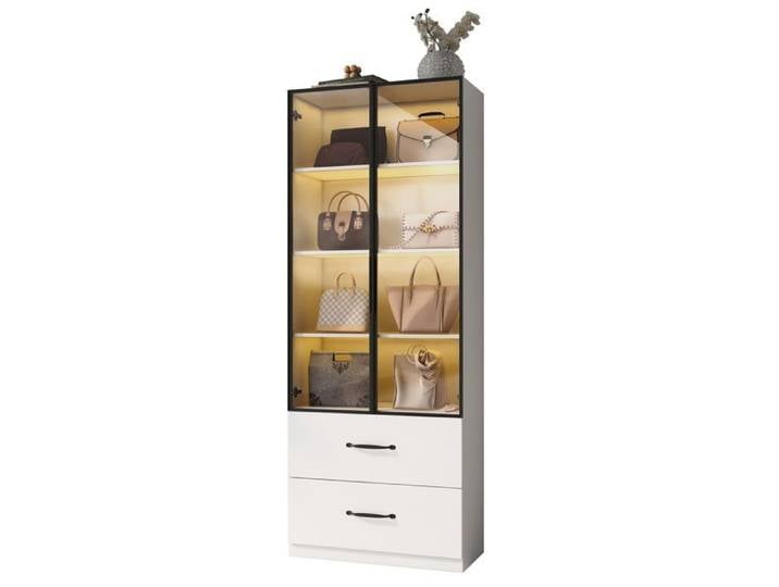 Vitrine Blanc en verre Avec Éclairage LED Étagères Réglables 2 Tiroirs et 2 Portes 60 x 40 x 160cm - pour salon chambre
