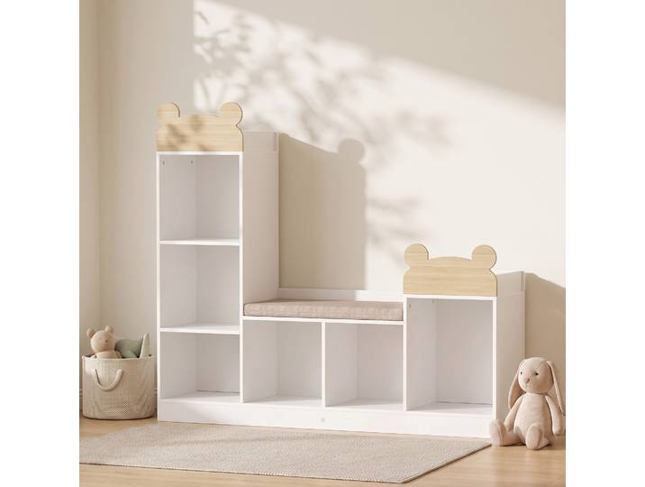 AIYAPLAY Bibliothèque Enfant 3en1 Banc 6 Compartiments Blanc