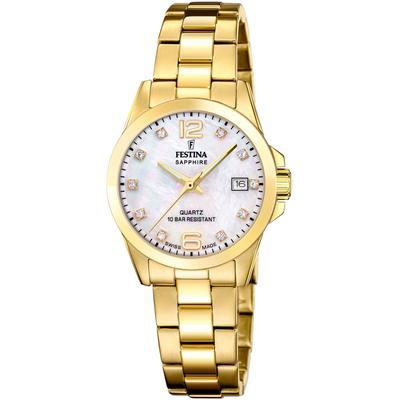 Quarzuhr FESTINA, gold (goldfarben, perlmuttfarben, perlmuttfarben), Armbanduhren, Damen, goldfarben, Quarzuhr, Armbanduhr, Damenuhr, Swiss Made, Edelstahlarmband, analog, Tag