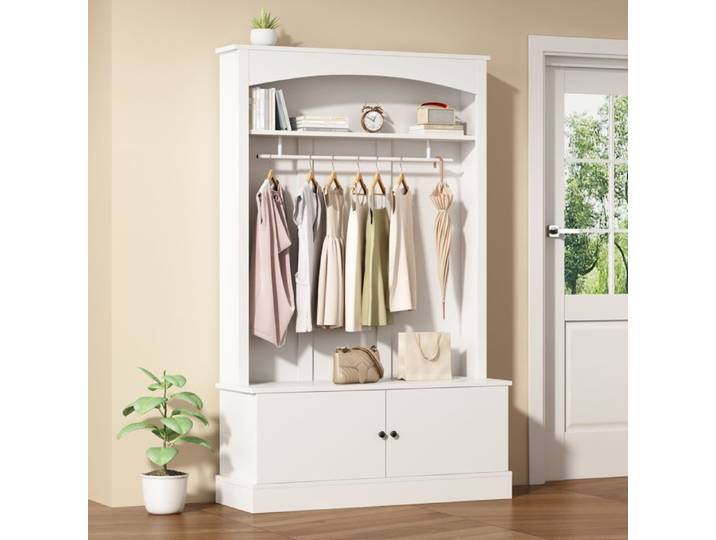 Meuble d'entrée - Multifonction - Blanc - Banc intégré - Étagères réglables