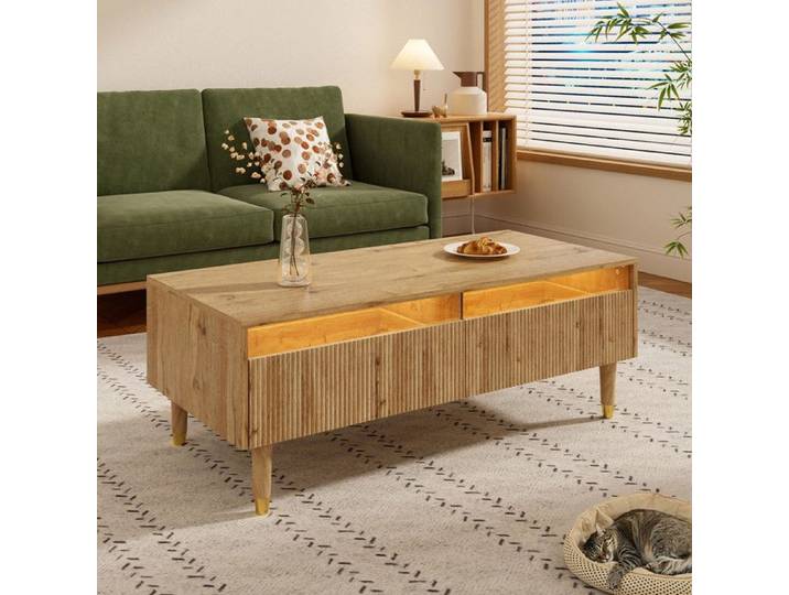 Table Basse Moderne avec Éclairage LED - Pieds Couleur Bois Doré Table Basse avec 2 Tiroirs 110x50x40cm Couleur Bois Naturel