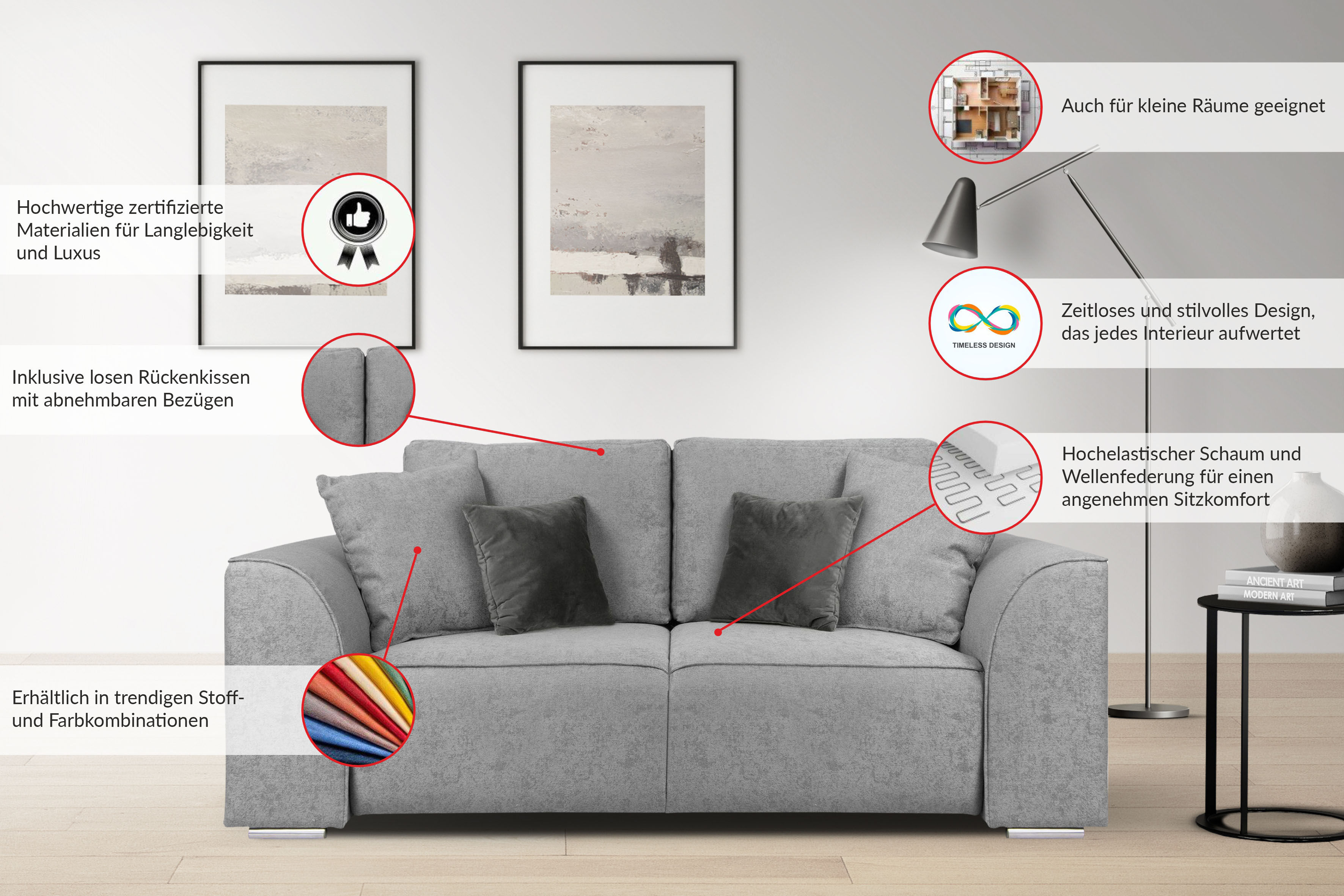 2-Sitzer INOSIGN "BEATRICE, erhältlich in trendigen Stoffoptionen, B/T/H: 143/73/92 cm", grau (anthrazit), B:195cm H:92cm T:107cm, 100% Polyester, Sofas, In hochwertiger Verarbeitung, incl. 2 großen Zierkissen in Korpusfarbe