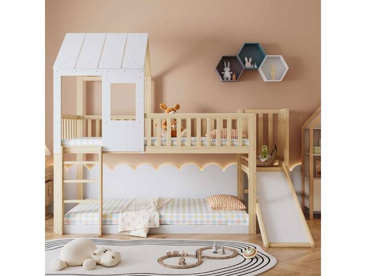 Lit double avec toboggan 90x200 cm berceau avec barrière antichute cadre en pin naturel + blanc