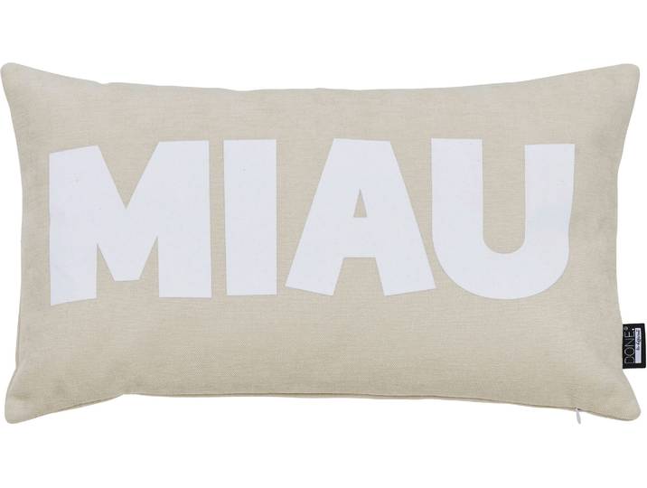 Dekokissen DONE. MIAU , beige (beige, weiß, schriftzug), B:40cm L:60cm, Polyester, Dekokissen_Sitzkissen_Kissenhüllen, Dekokissen, Extra weiche Haptik